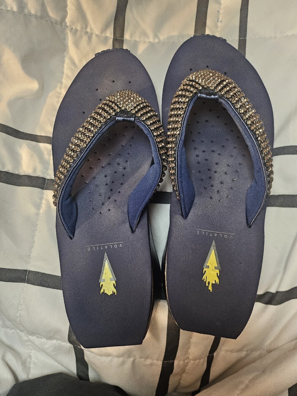Volatile Wedge Thong Sandals Blue Rhinestone Slip On Womens US 6